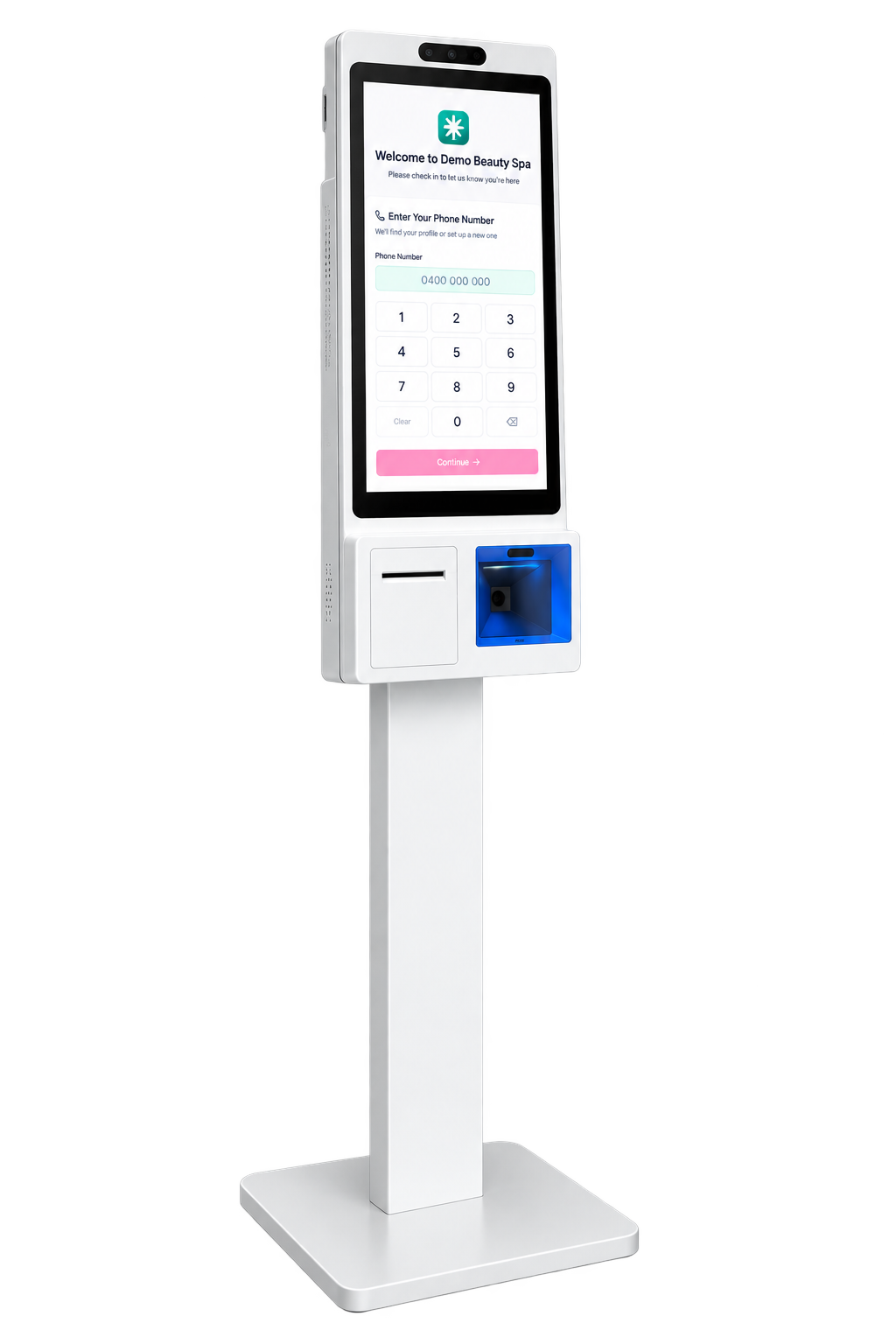 Heya self check-in kiosk greeting clients at the salon entrance