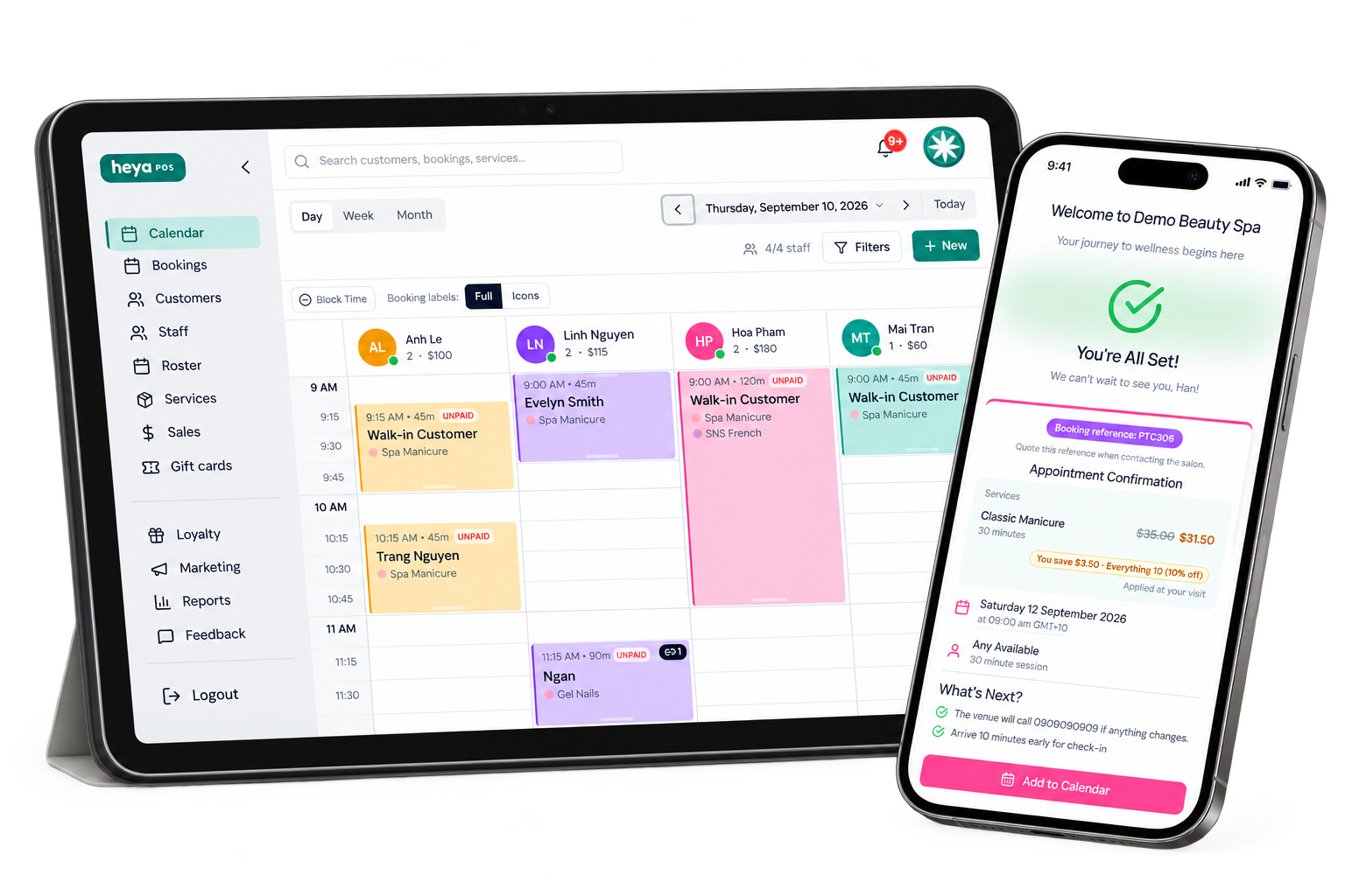 Heya POS calendar on a tablet beside a client booking confirmation on a phone