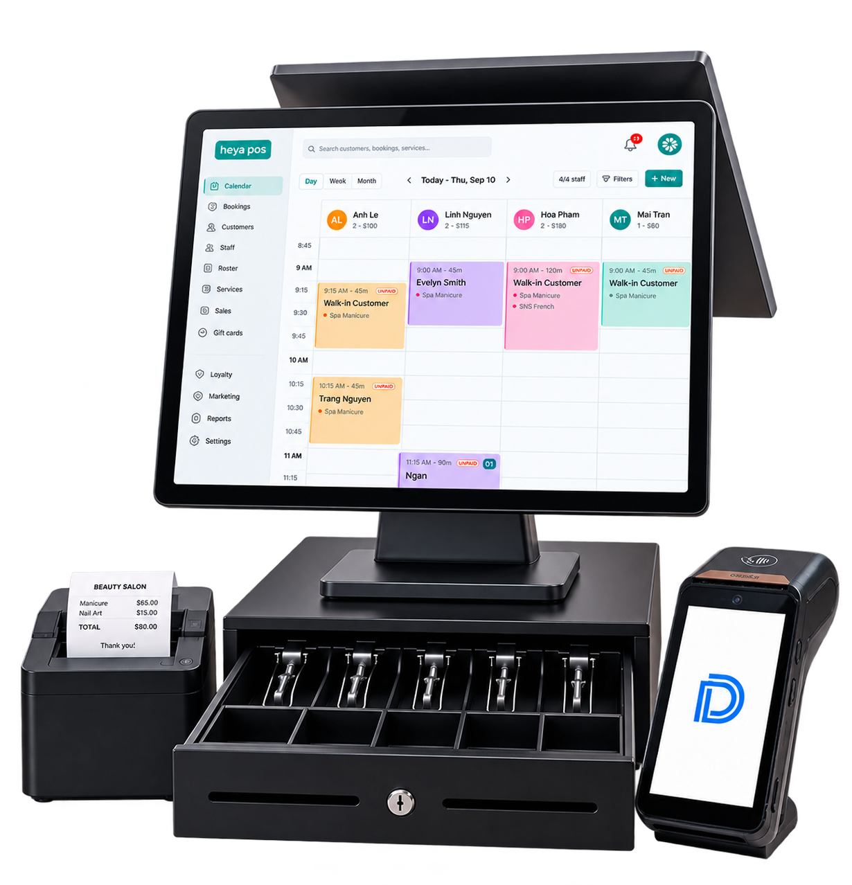 Heya POS register with calendar, receipt printer, cash drawer and card terminal