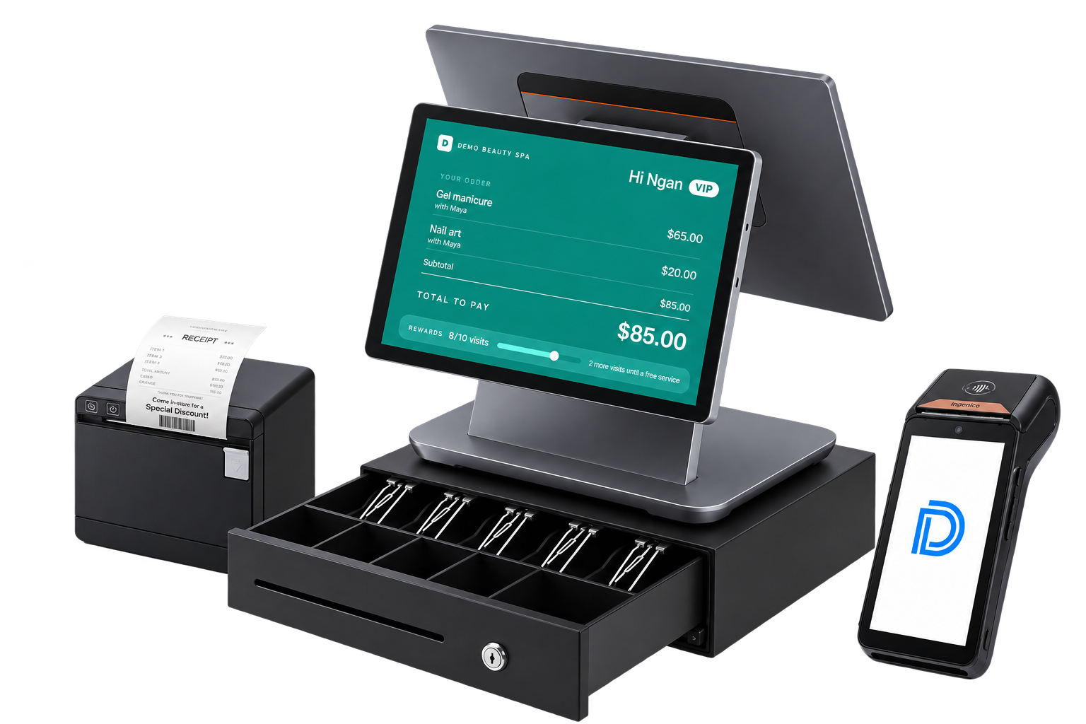 Customer-facing Heya POS display showing an order total with rewards progress