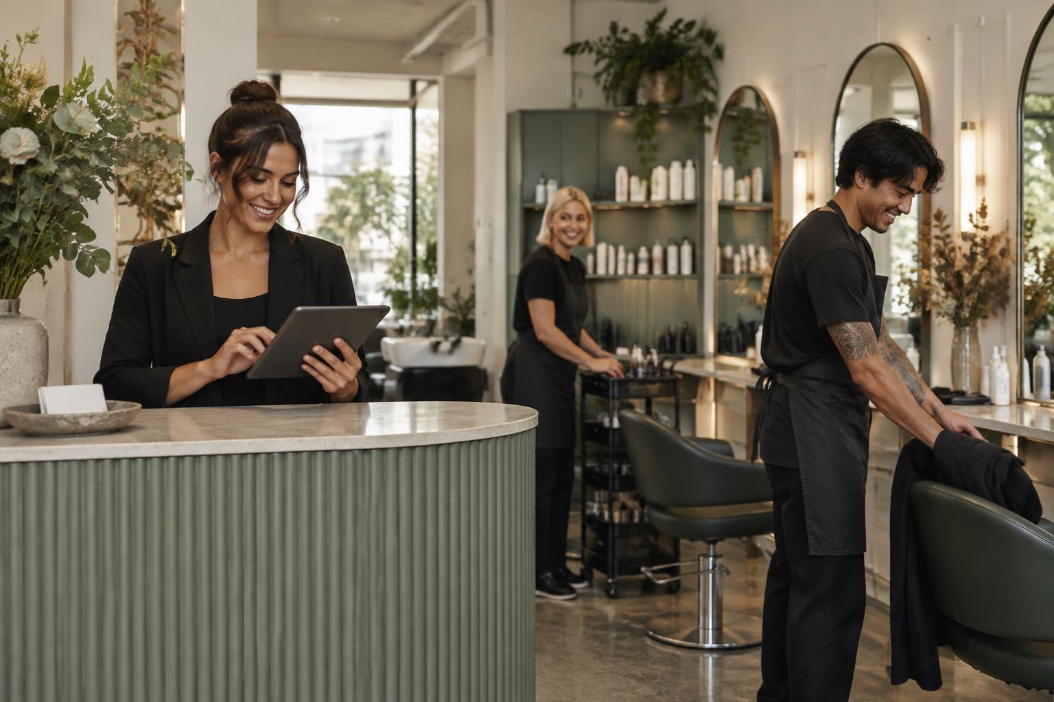 A happy salon team working together around the reception desk